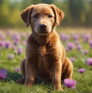Chesapeake Bay Retriever puppy in a sitting position looking directly at the camera
