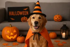 dog wearing a Halloween costume sitting inside a living room decorated for the holiday 