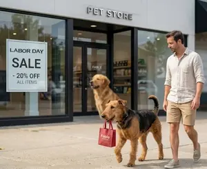 Airedale Terrier shopping with human for Fable dog spplies