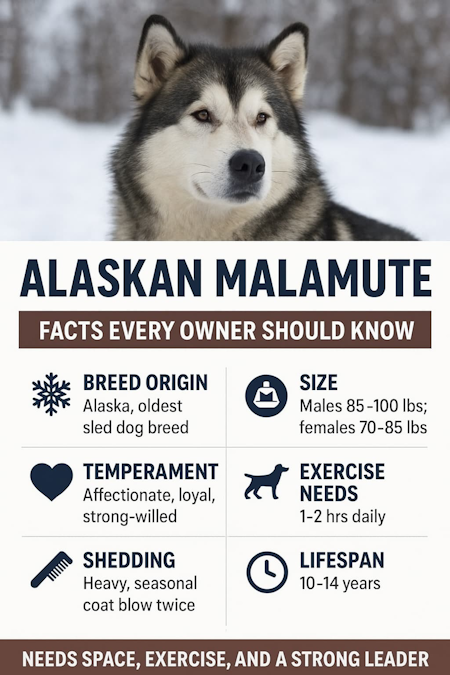 Alaskan Malamute infographic showing breed facts, size, temperament, care needs, shedding, and lifespan.