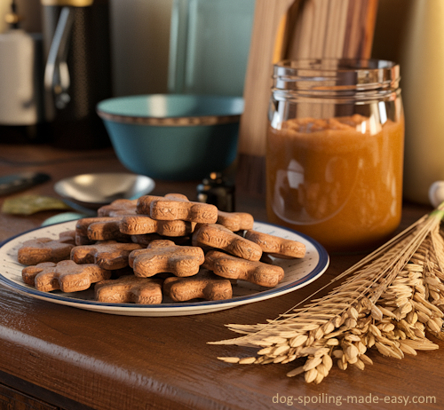 dog treats with jar of applesauce and sheaf of barley