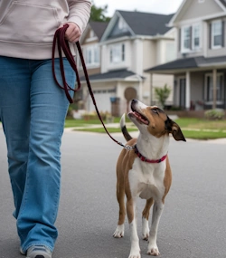dog paying attention to person on walk
