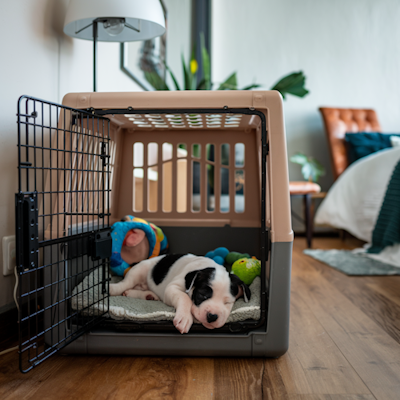 puppy sleeping in crate in bedroom