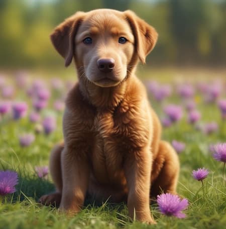 Chesapeake Bay Retriever puppy in a sitting position looking directly at the camera