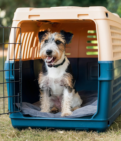 terrier dog sitting in a blue dog crate