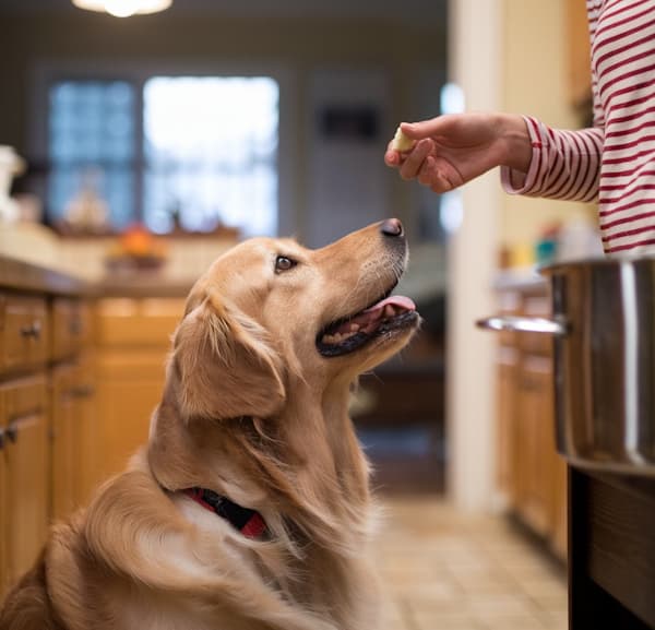dog being offered a treat in the kitchen
