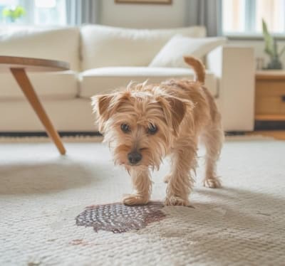dog standing beside a pee stain deposit in a living room