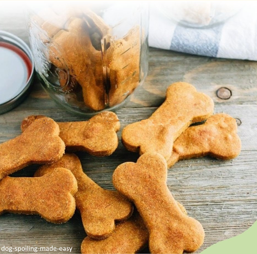 dog biscuits on table with blue and white cloth
