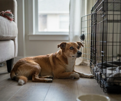 dog lying beside dog crate eyeingi it cautiously dog lying beside dog crate eyeingi it cautiously