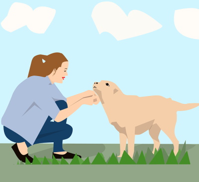Dog Illustration of Dog Being Petted illustration of lady kneeling down to pet a dog
