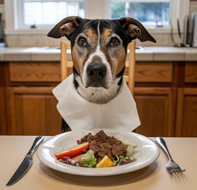 Dog Sitting At Kitchen Table To Eat dog sitting at kitchen table with plate of food