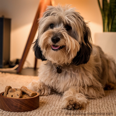 grain free dog treat in bowl next to dog on floor