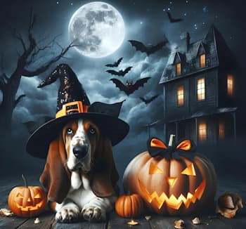 Halloween illustration of dog in costume lying down next to a carved pumpkin on a moonlit night with bats in the sky Halloween illustration of dog in costume lying down next to a carved pumpkin on a moonlit night with bats in the sky