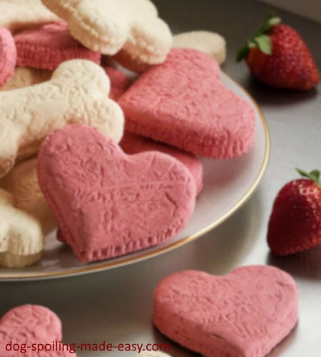 heart shaped dog treat on a plate with strawberries nearby