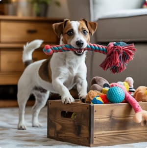 jack russell dog with toy standing next to a toy box