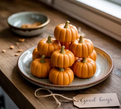 plate of mini pumpkins on kitchen counter with treat crumbs nearby