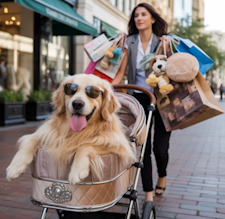 pet in stroller shopping with human who is carrying bags of pet products