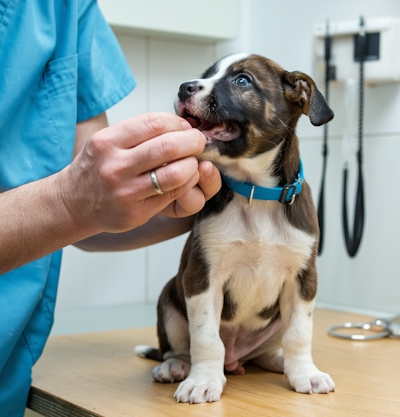 puppy being examined by vet