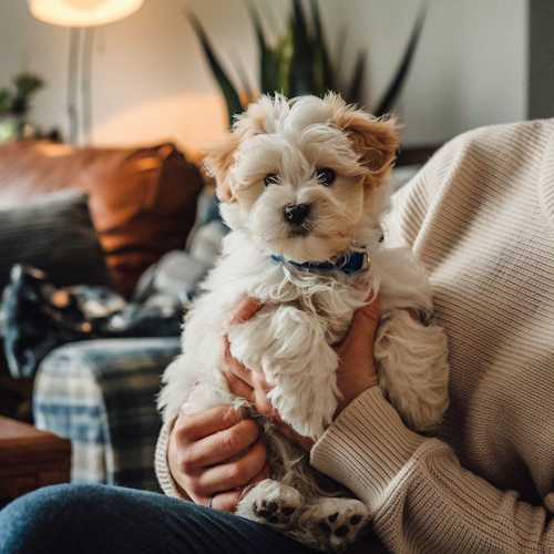 puppy being held in person's arms with living room in background