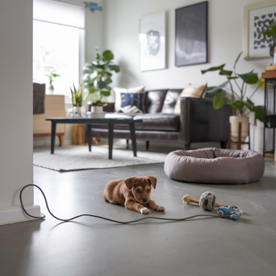 puppy near electrical cord in family room